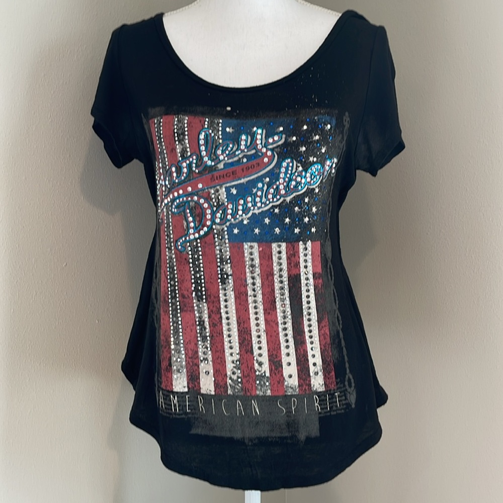 Harley-Davidson Mixed Media Graphic Embellished Flag T-Shirt – Large – Biker Tee